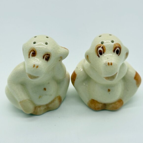 Vintage Kissing Ceramic Monkey Salt Pepper Shaker Set With Cork Stoppers - Picture 3 of 10
